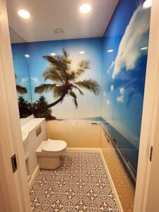 Tropical Beach Image Printed on Glass in Bathroom