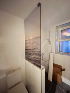 Laminated & Printed Image Shower Screen. Fitted with u-channell profile.