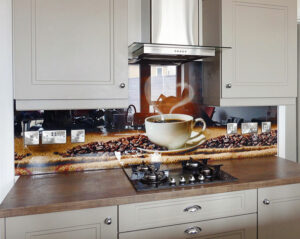 Coffee Beans and Cup Printed Glass Splashback. Romantic 3D backsplash kitchen