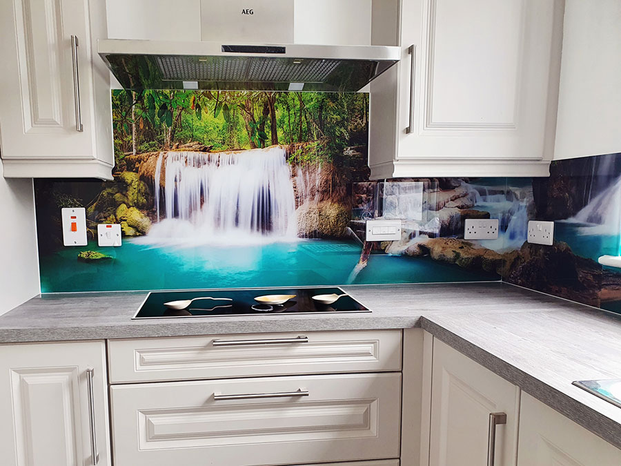Tropical Waterfall Printed Glass Splashback in kitchen. 3D Backsplash