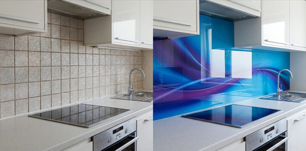 Glass splashbacks vs tiles comparison kitchen Mayo